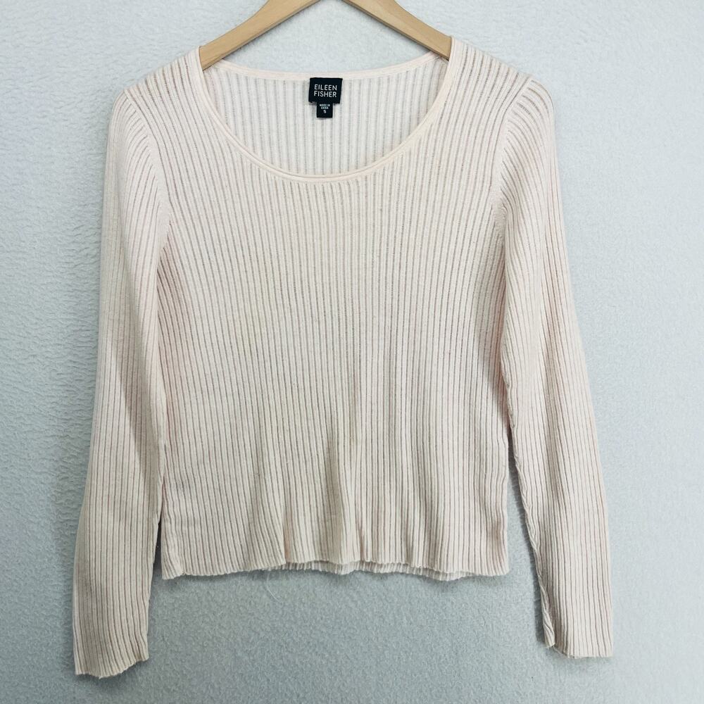 EILEEN FISHER Sweater S Cotton Sheer Ribbed Stitch Long Sleeve Pullover Pink